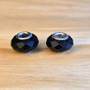 Charm Bracelet Beads Black Glass Faceted Silvertone Set Of 2 Spacers Luxury